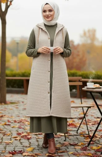 Hooded Buttoned Baklava Pattern Quilted Vest 51340-01 Beige 51340-01