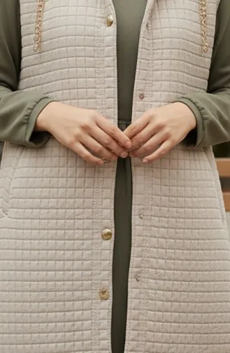 Hooded Buttoned Baklava Pattern Quilted Vest 51340-01 Beige 51340-01