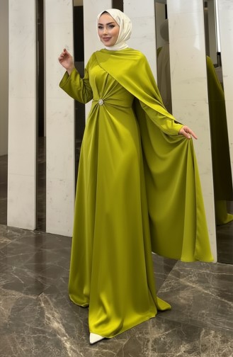 Robe De Soirée En Satin Cape 4664-01 Vert Huile 4664-01