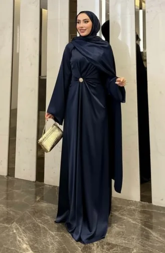 Pelerin Saten Abiye Elbise 4664-04 Lacivert