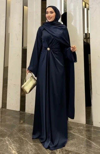 Pelerin Saten Abiye Elbise 4664-04 Lacivert