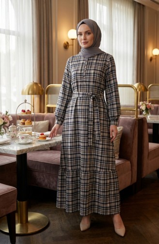 Plaid Patterned Belted Hijab Dress 2218-01 Navy Blue 2218-01