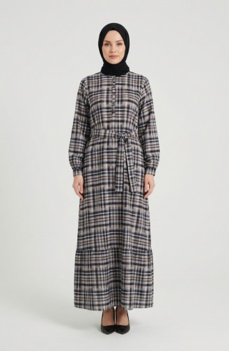 Plaid Patterned Belted Hijab Dress 2218-01 Navy Blue 2218-01
