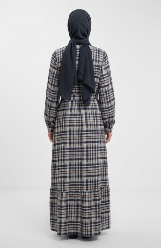 Plaid Patterned Belted Hijab Dress 2218-01 Navy Blue 2218-01