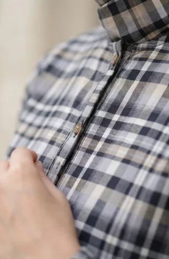 فستان حجاب بحزام بنقشة مربعات 2218-01 أزرق داكن 2218-01