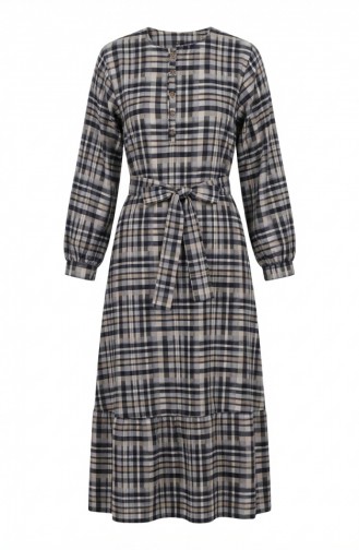 Plaid Patterned Belted Hijab Dress 2218-01 Navy Blue 2218-01