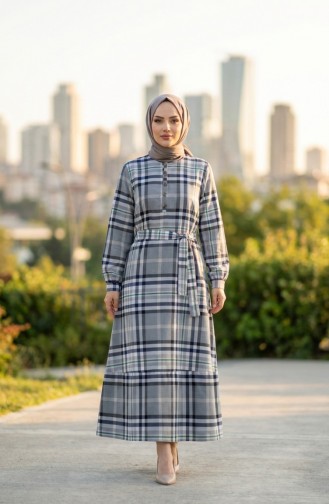 Plaid Patterned Belted Hijab Dress 2218-02 Navy Green 2218-02
