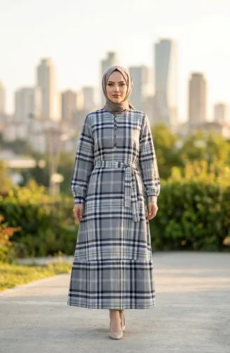 Robe Hijab à Carreaux Avec Ceinture 2218-02 Vert Marine 2218-02