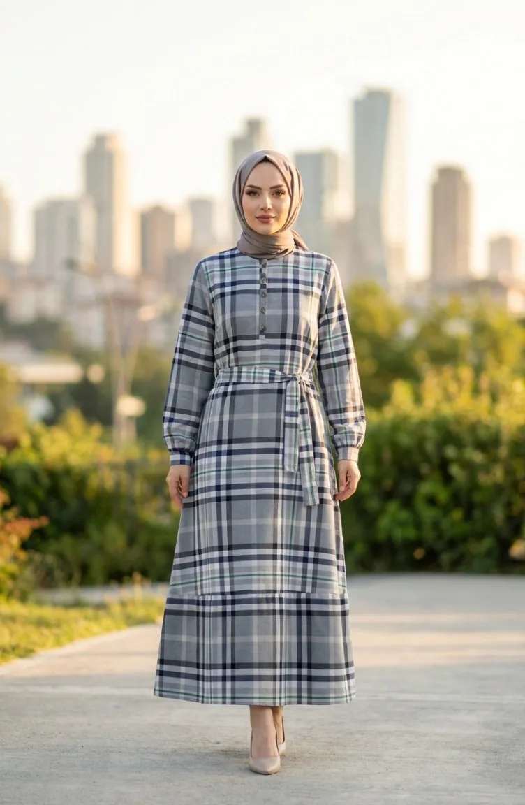 Robe Hijab à Carreaux Avec Ceinture 2218-02 Vert Marine 2218-02