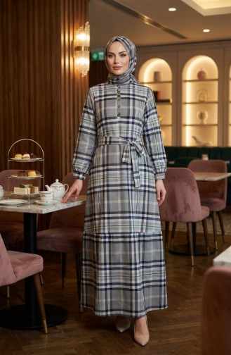 Plaid Patterned Belted Hijab Dress 2218-02 Navy Green 2218-02