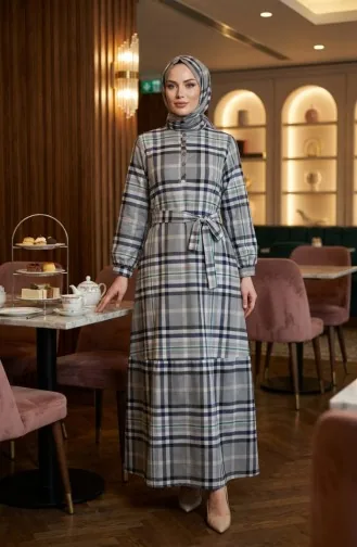 Robe Hijab à Carreaux Avec Ceinture 2218-02 Vert Marine 2218-02