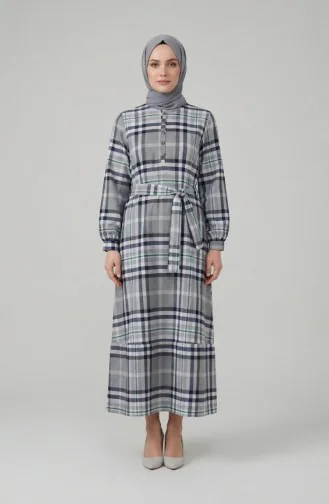 Robe Hijab à Carreaux Avec Ceinture 2218-02 Vert Marine 2218-02