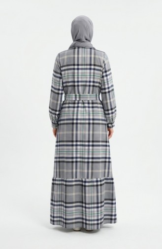 Plaid Patterned Belted Hijab Dress 2218-02 Navy Green 2218-02