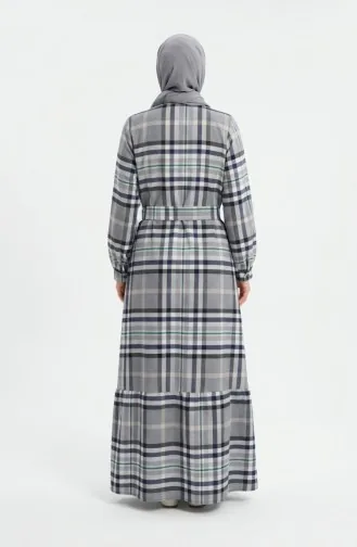 Robe Hijab à Carreaux Avec Ceinture 2218-02 Vert Marine 2218-02
