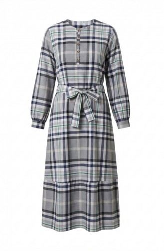Plaid Patterned Belted Hijab Dress 2218-02 Navy Green 2218-02