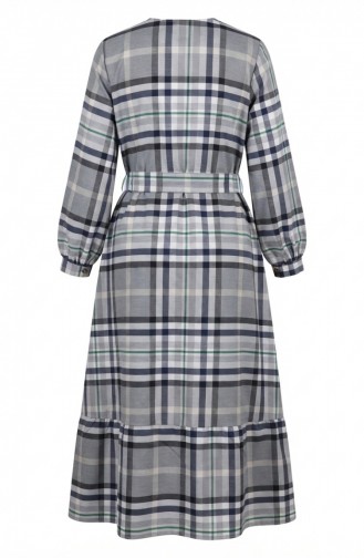 Plaid Patterned Belted Hijab Dress 2218-02 Navy Green 2218-02