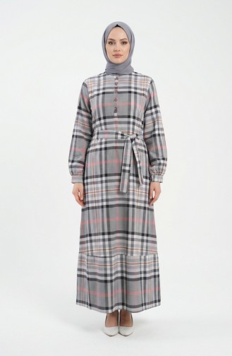 فستان حجاب بحزام بنقشة مربعات 2218-03 رمادي فاتح 2218-03