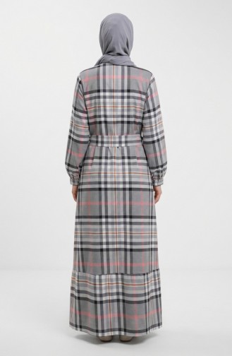 فستان حجاب بحزام بنقشة مربعات 2218-03 رمادي فاتح 2218-03