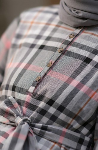 فستان حجاب بحزام بنقشة مربعات 2218-03 رمادي فاتح 2218-03