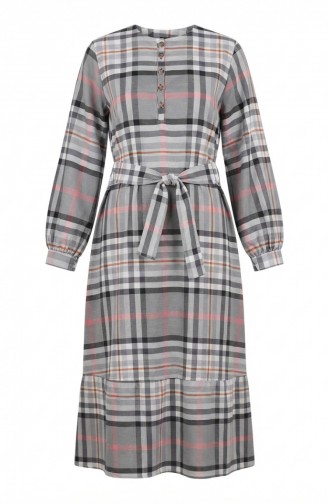 فستان حجاب بحزام بنقشة مربعات 2218-03 رمادي فاتح 2218-03