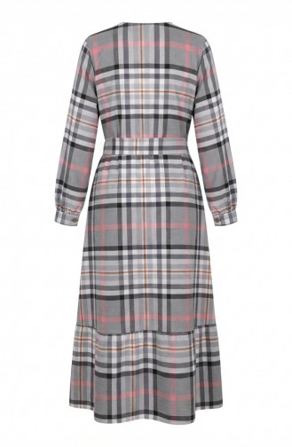 فستان حجاب بحزام بنقشة مربعات 2218-03 رمادي فاتح 2218-03