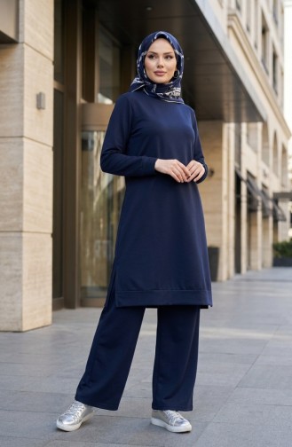 طقم رياضي بفتحة جانبية 3083-02 أزرق داكن 3083-02