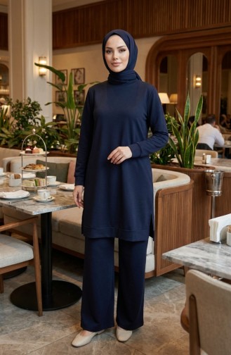 طقم رياضي بفتحة جانبية 3083-02 أزرق داكن 3083-02
