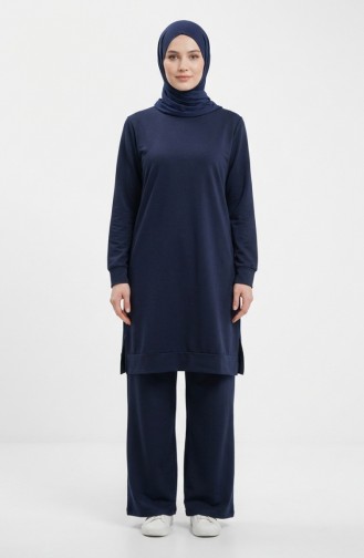 طقم رياضي بفتحة جانبية 3083-02 أزرق داكن 3083-02