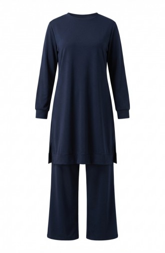 طقم رياضي بفتحة جانبية 3083-02 أزرق داكن 3083-02