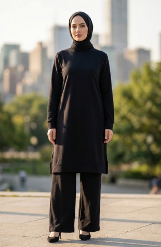 طقم رياضي بفتحة جانبية 3083-04 أسود 3083-04