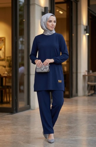 Tuniek En Broek Met Embleemdetails Tweedelige Set 0231-06 Marineblauw 0231-06