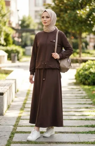 Zweiteiliges Hijab-Set Aus Baumwolle Mit Taschen 0238-01 Braun 0238-01
