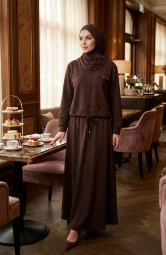 Ensemble Hijab Deux Pièces En Coton Avec Poches 0238-01 Marron 0238-01