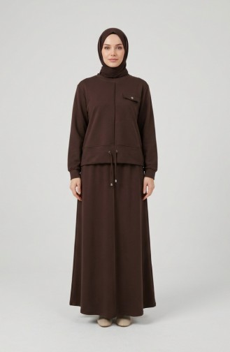 Ensemble Hijab Deux Pièces En Coton Avec Poches 0238-01 Marron 0238-01