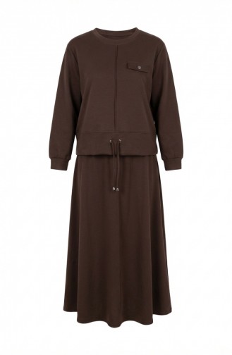 Ensemble Hijab Deux Pièces En Coton Avec Poches 0238-01 Marron 0238-01