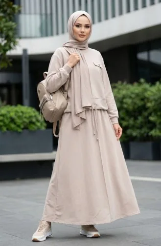 Zweiteiliges Hijab-Set Aus Baumwolle Mit Taschen 0238-02 Beige 0238-02