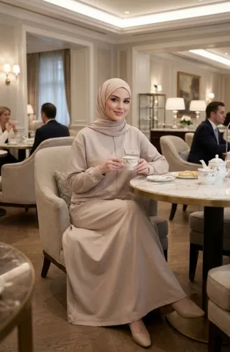 Zweiteiliges Hijab-Set Aus Baumwolle Mit Taschen 0238-02 Beige 0238-02