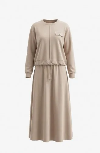 Zweiteiliges Hijab-Set Aus Baumwolle Mit Taschen 0238-02 Beige 0238-02