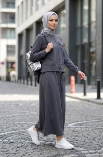 Zweiteiliges Hijab-Set Aus Baumwolle Mit Taschen 0238-03 Anthrazit 0238-03