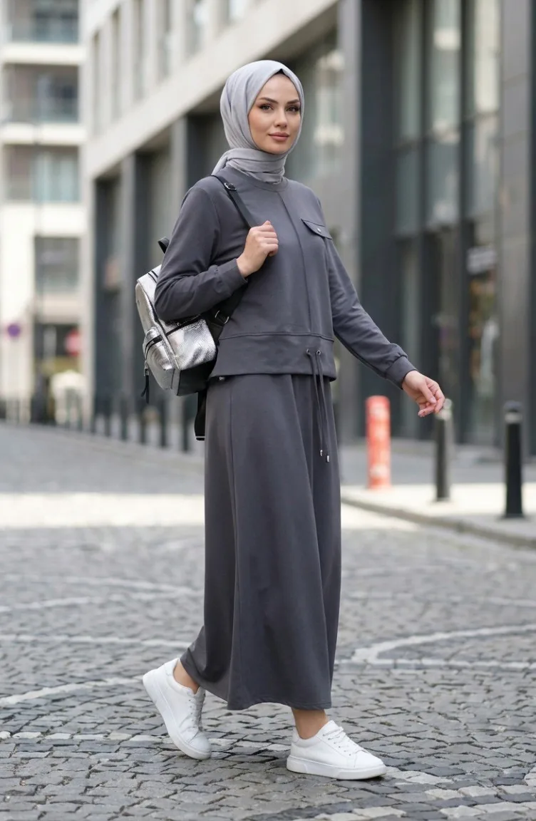 Zweiteiliges Hijab-Set Aus Baumwolle Mit Taschen 0238-03 Anthrazit 0238-03