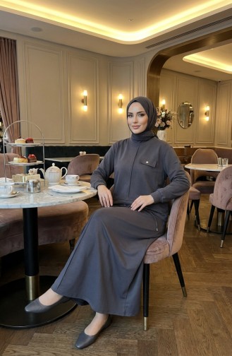 Zweiteiliges Hijab-Set Aus Baumwolle Mit Taschen 0238-03 Anthrazit 0238-03