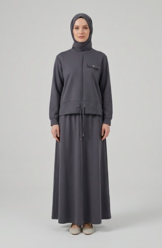 Zweiteiliges Hijab-Set Aus Baumwolle Mit Taschen 0238-03 Anthrazit 0238-03