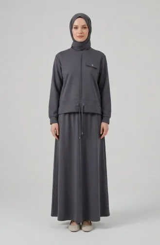 Zweiteiliges Hijab-Set Aus Baumwolle Mit Taschen 0238-03 Anthrazit 0238-03