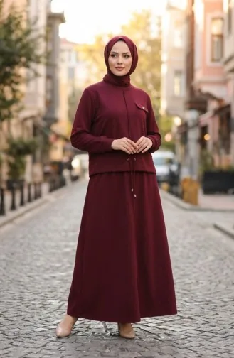 Zweiteiliges Hijab-Set Aus Baumwolle Mit Taschen 0238-04 Burgunderrot 0238-04