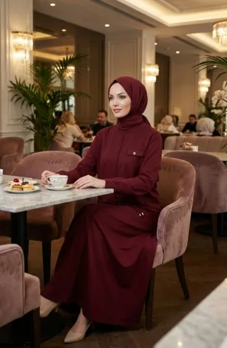 Zweiteiliges Hijab-Set Aus Baumwolle Mit Taschen 0238-04 Burgunderrot 0238-04