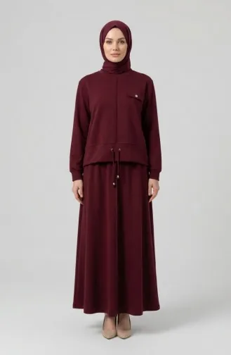 Zweiteiliges Hijab-Set Aus Baumwolle Mit Taschen 0238-04 Burgunderrot 0238-04