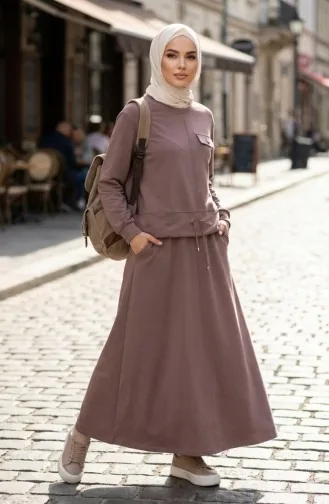 Ensemble Hijab Deux Pièces En Coton Avec Poches 0238-05 Vison 0238-05