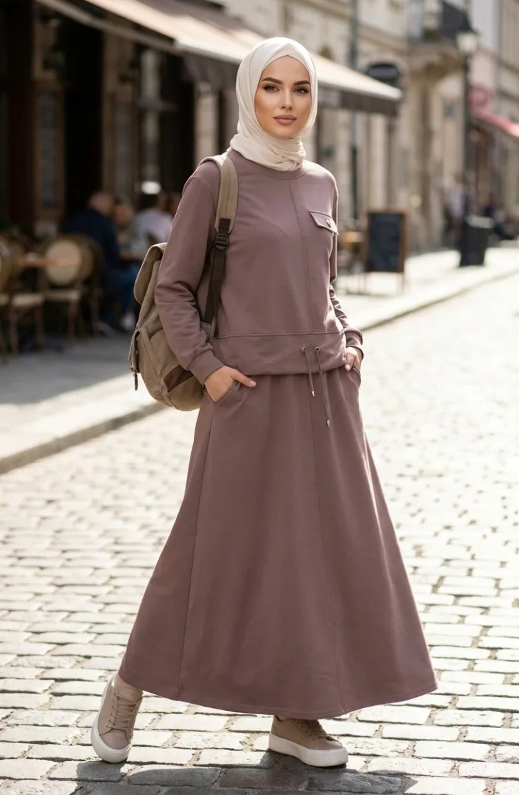 Ensemble Hijab Deux Pièces En Coton Avec Poches 0238-05 Vison 0238-05
