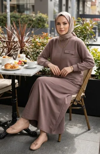 Ensemble Hijab Deux Pièces En Coton Avec Poches 0238-05 Vison 0238-05