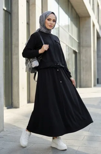 Zweiteiliges Hijab-Set Aus Baumwolle Mit Taschen 0238-06 Schwarz 0238-06